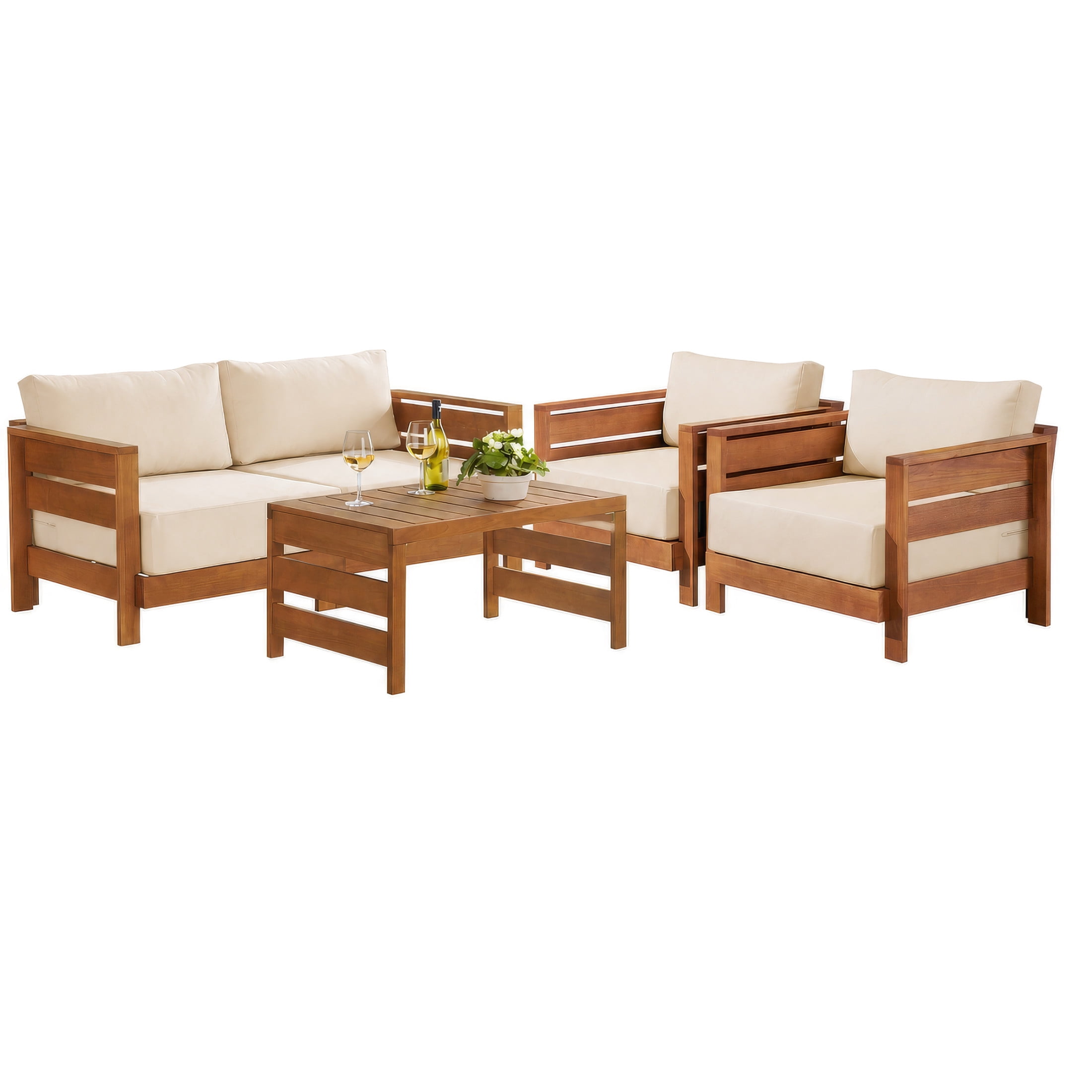 Alaterre Furniture Barton 4Pc Patio Furniture Set with Loveseat, Table and Chairs, Natural