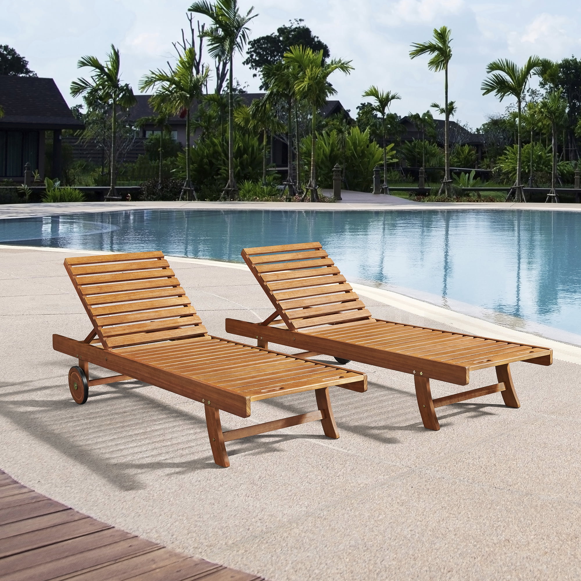 Caspian Eucalyptus Wood Outdoor Reclining Chaise Lounge Set