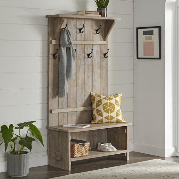 Alaterre Furniture Castleton 70 in. Hall Tree with Bench, Shelves & Coat Hooks – Solid Mango Wood Entryway Organizer in Driftwood Finish
