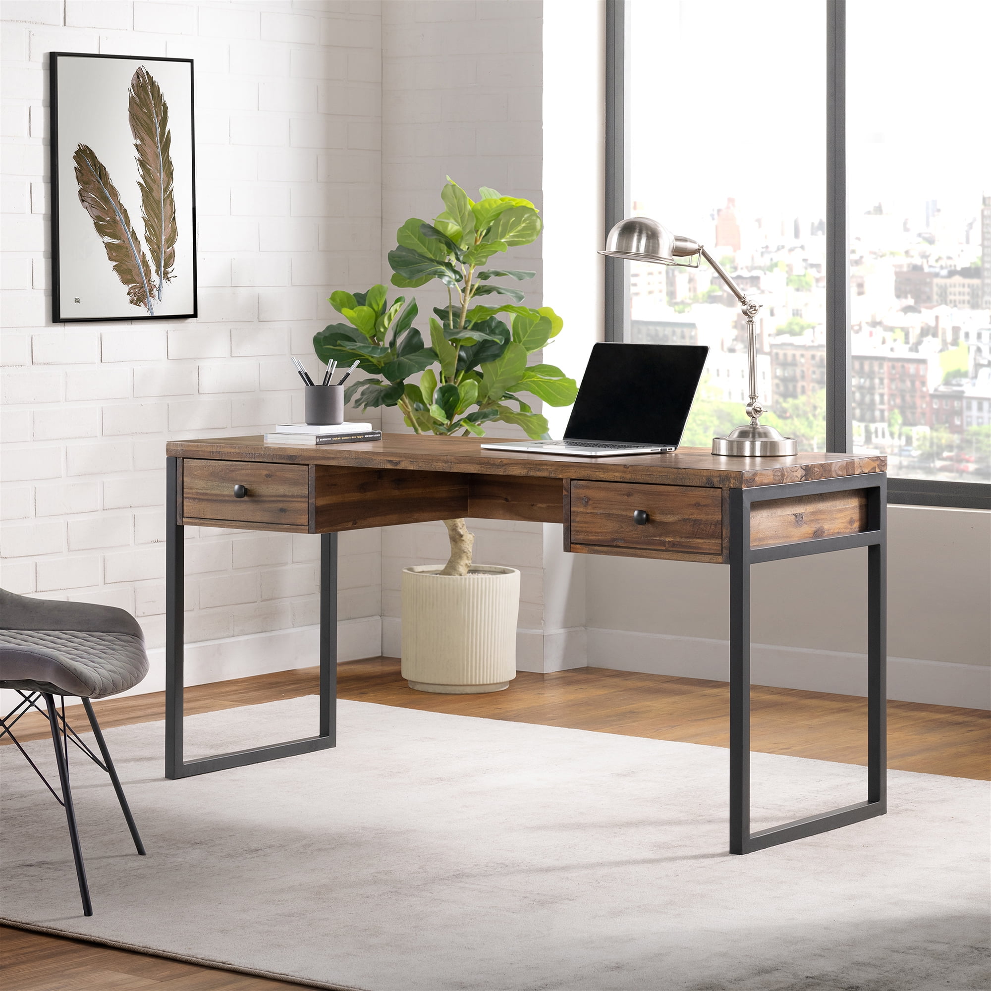 Alaterre Claremont Rustic 23 in Wood Portable Computer Desk with 2 File Drawers, Brown/Black