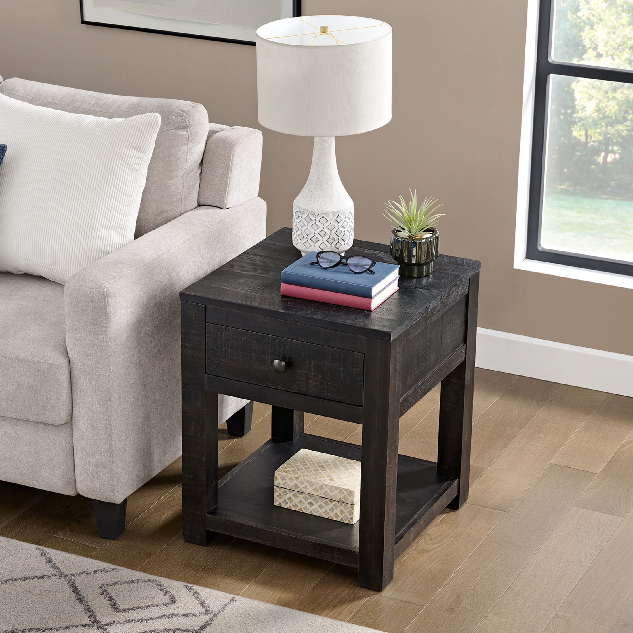 Alaterre Furniture Durham Living Room Side Table - 20in End Table with Drawer and Shelf, Dark Brown