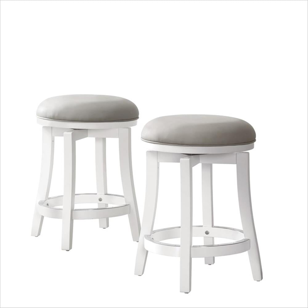 White Swivel Backless Wood and Leather Counter Stools, Set of 2