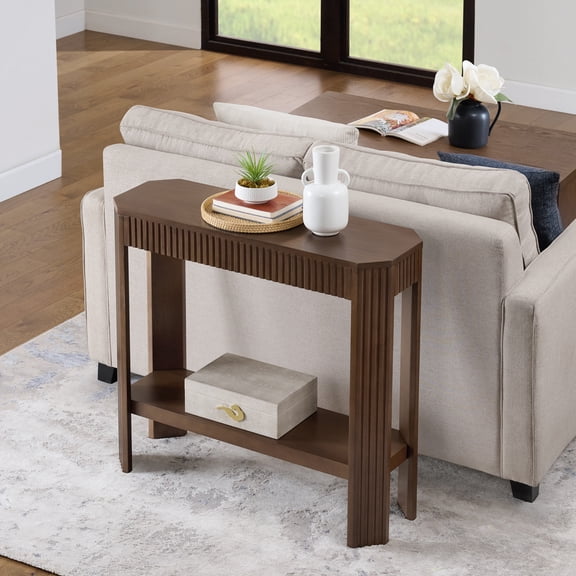 Alaterre Furniture Fluted Wood Console Table - 36in Modern Entryway Table with Storage Shelf, Brown