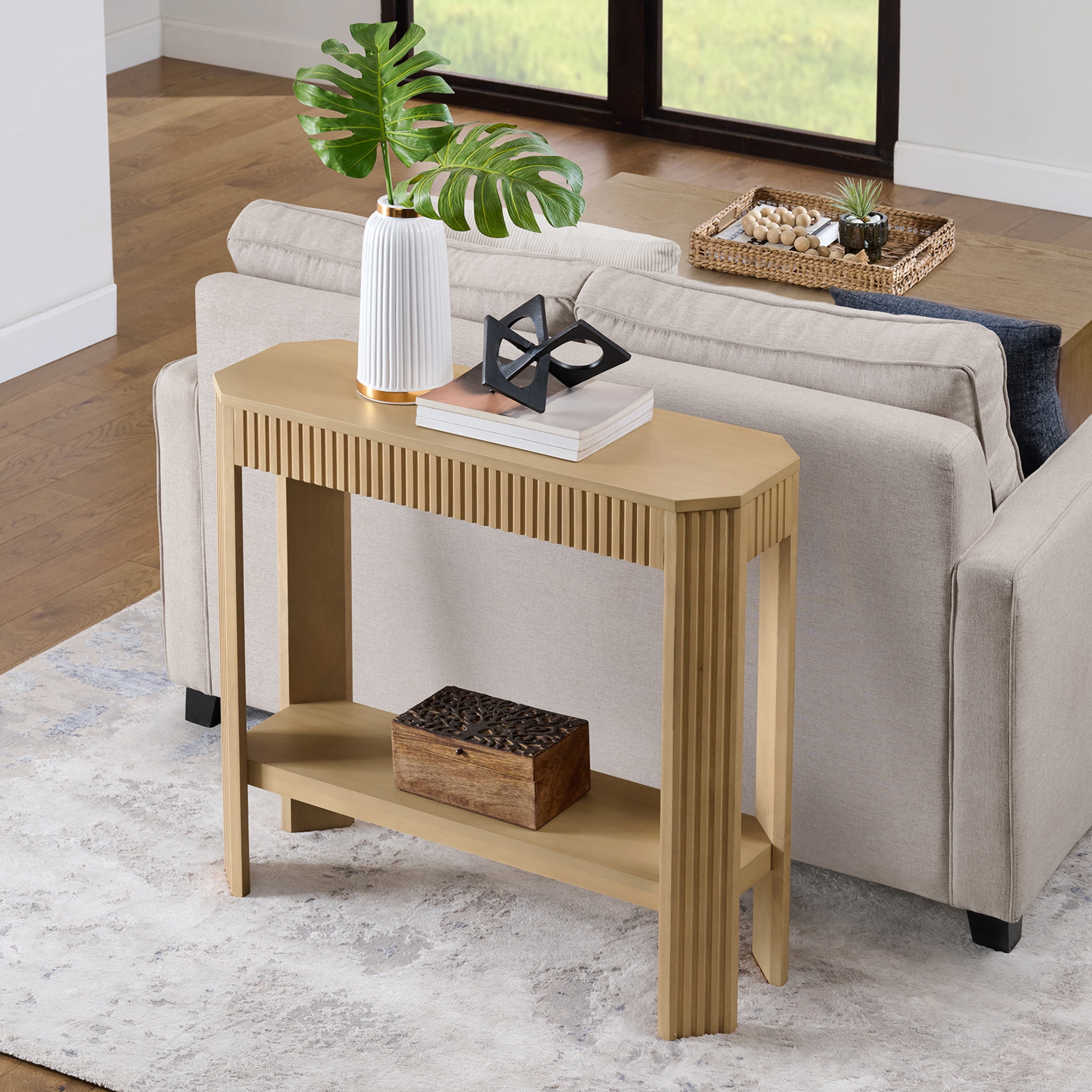 Alaterre Furniture Fluted Wood Console Table - 36in Modern Entryway Table with Storage Shelf, Light Oak
