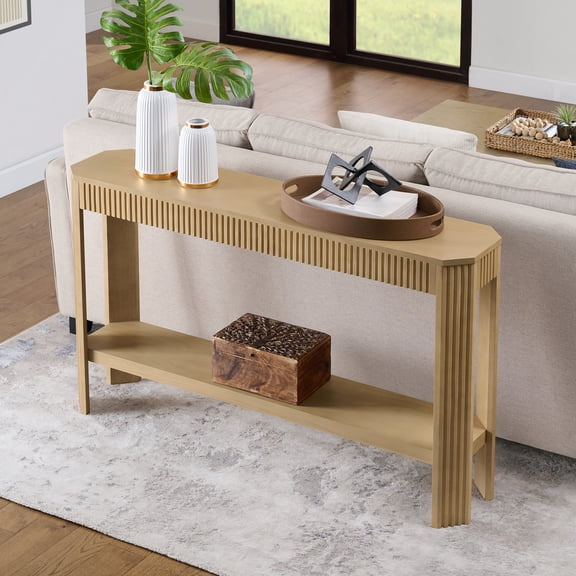 Alaterre Furniture Fluted Wood Console Table - 56in Modern Entryway Table with Storage Shelf, Light Oak