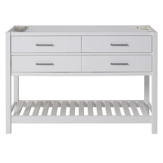 Alaterre Furniture Harrison 48 in. W Vanity Cabinet Only, Bathroom Storage with Two Soft Close Drawers and Slatted Shelf, Solid Pine Wood Construction, White