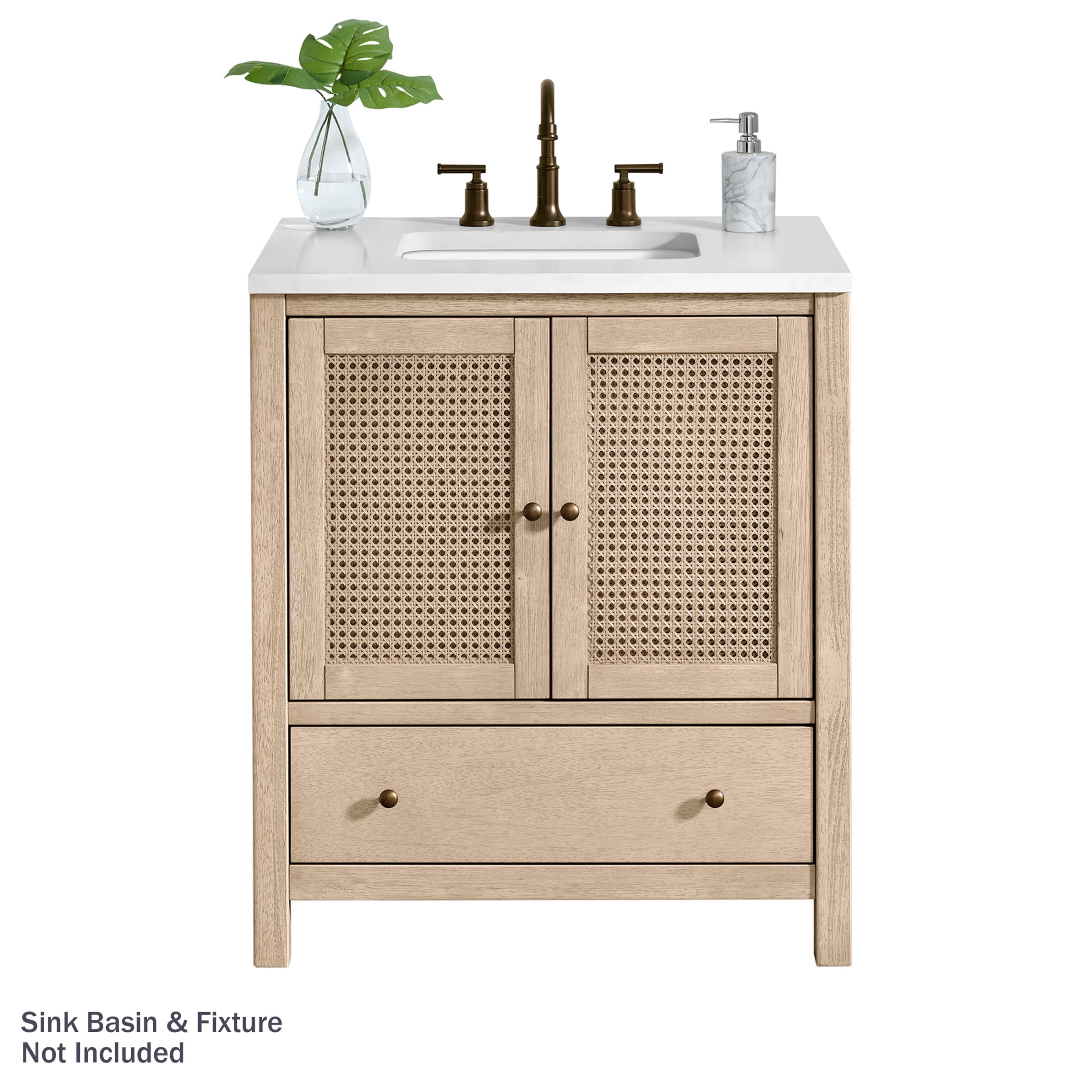 Natural Rubber Wood Freestanding Bathroom Vanity with Rattan Doors