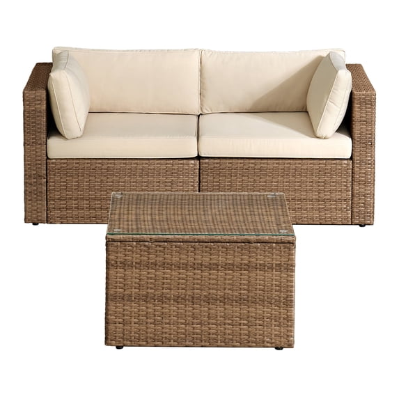 Alaterre Furniture Montara 3Pc Wicker Patio Furniture Set with Loveseat and Table (Tan)