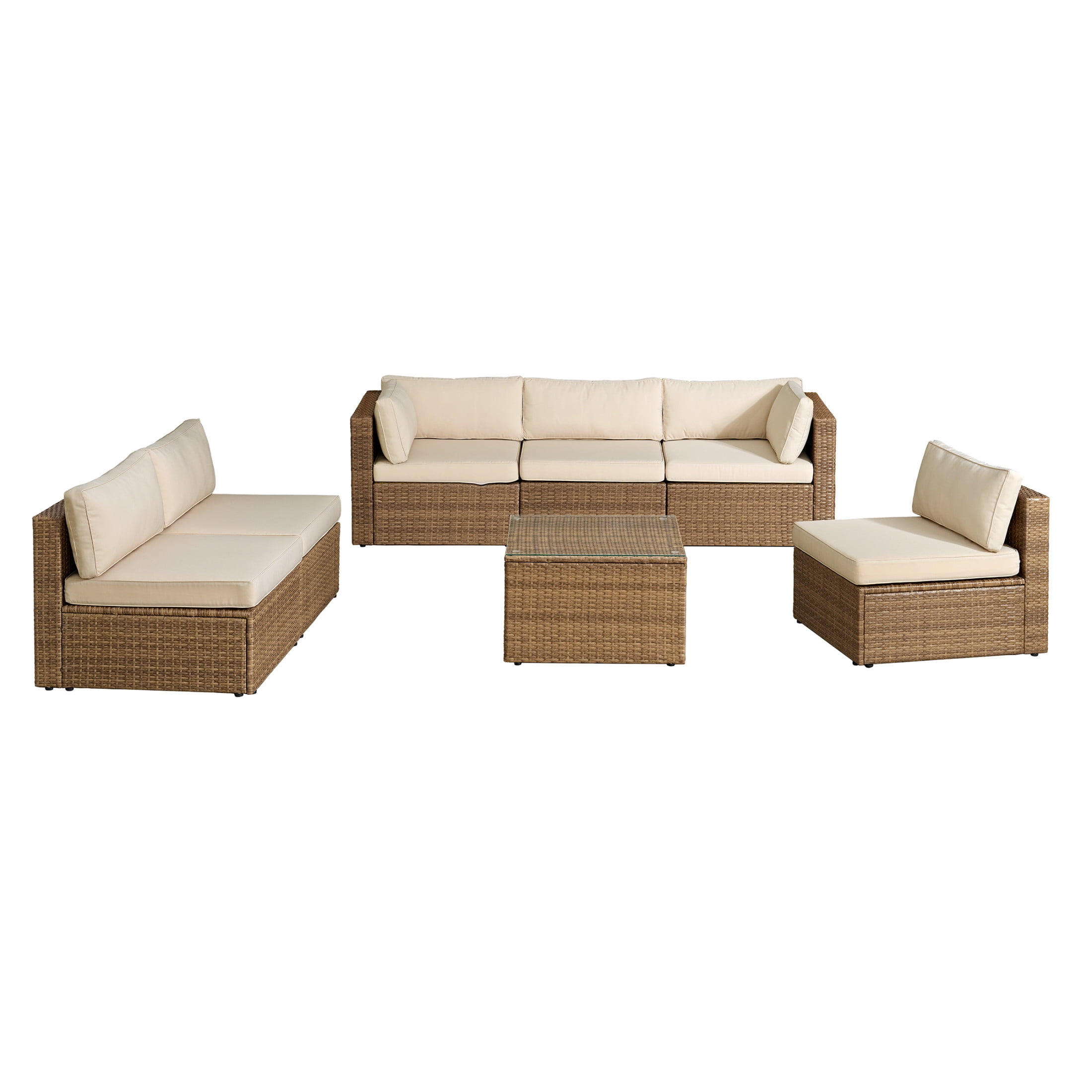 Alaterre Furniture Montara 7Pc Patio Furniture Set with Outdoor Couch and Table, Tan/Cream