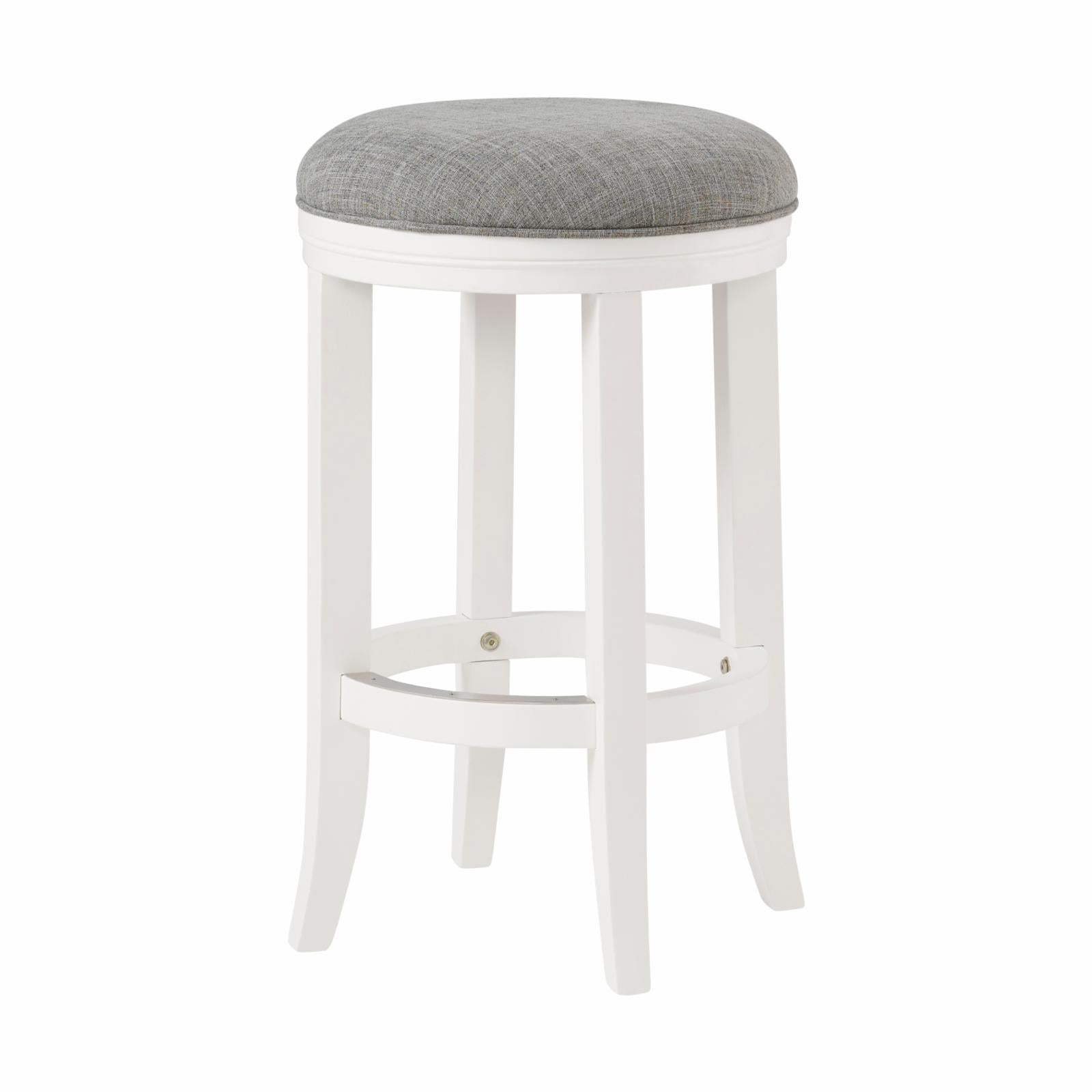 Elegant Backless Counter Height Stool in White Leather & Rubberwood