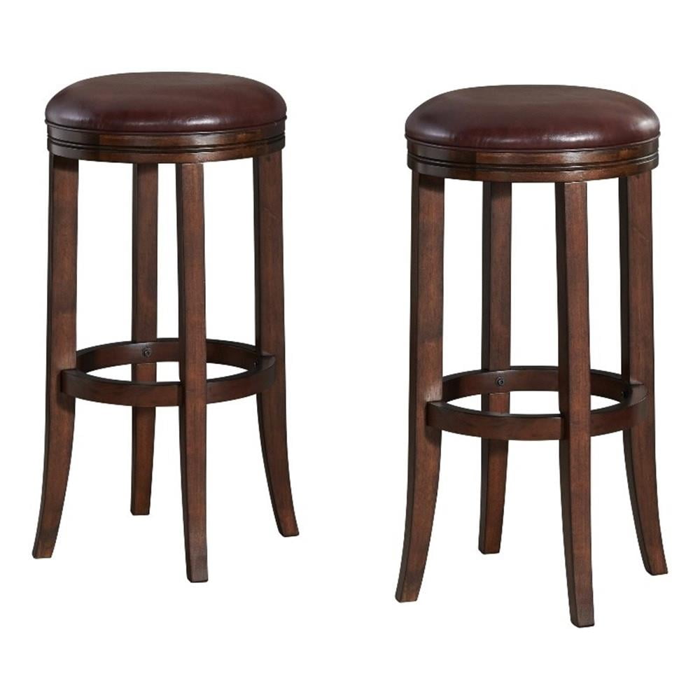 Distressed Walnut Backless Bar Height Stool with Leather Seat, Set of 2