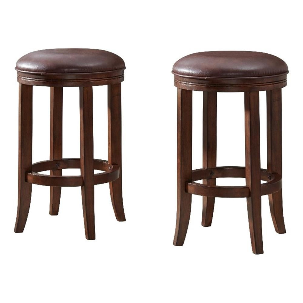 Distressed Walnut Backless Counter Stools with Leather Seat, Set of 2