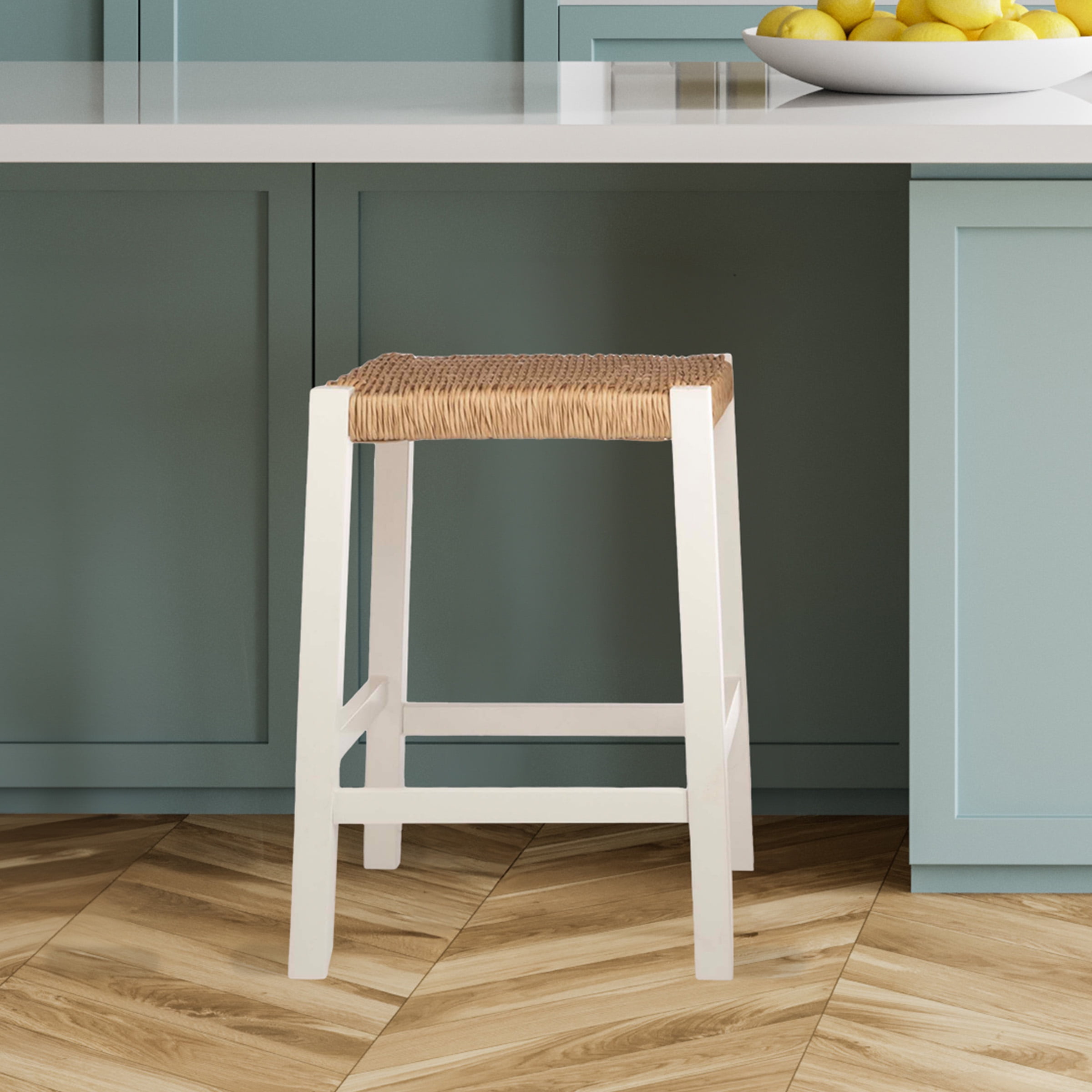 Alaterre Furniture Newport 24 in. Wood Bar Stool with Rush Seat, Counter Height Stool for Kitchen, Bar or Dining Room, White