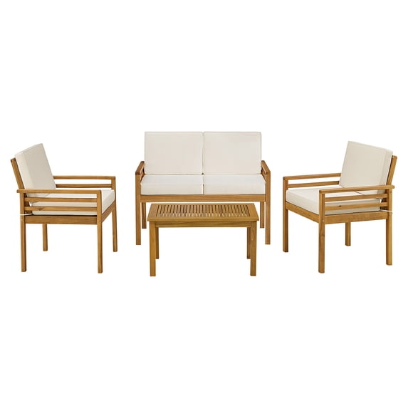 Alaterre Furniture Okemo Weather-Resistant Acacia Wood Outdoor 4pc Patio Furniture With A 2 Seater Couch, Two Dining Chairs And A Rectangular Side Table, Natural Wood with Cushions
