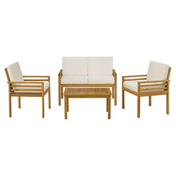 Alaterre Furniture Okemo Weather-Resistant Acacia Wood Outdoor 4pc Patio Furniture With A 2 Seater Couch, Two Dining Chairs And A Rectangular Side Table, Natural Wood with Cushions