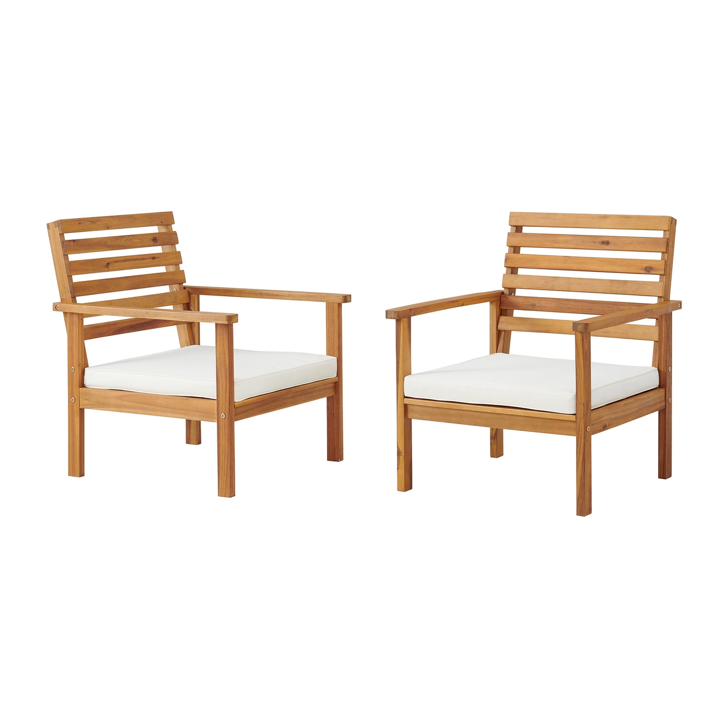 Natural Acacia Wood Outdoor Chairs with White Cushions, Set of 2