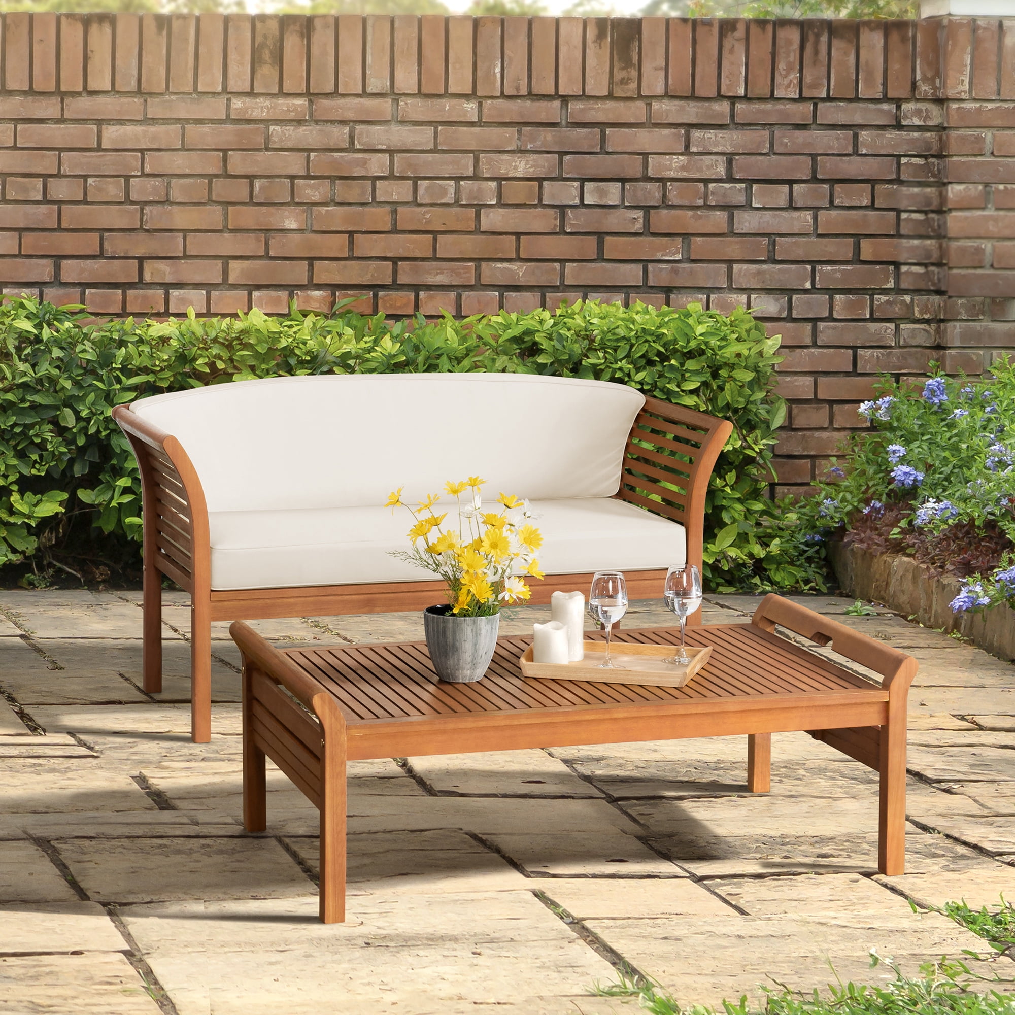 Alaterre Furniture Stamford Eucalyptus Wood Outdoor Bench and Coffee Table, Natural