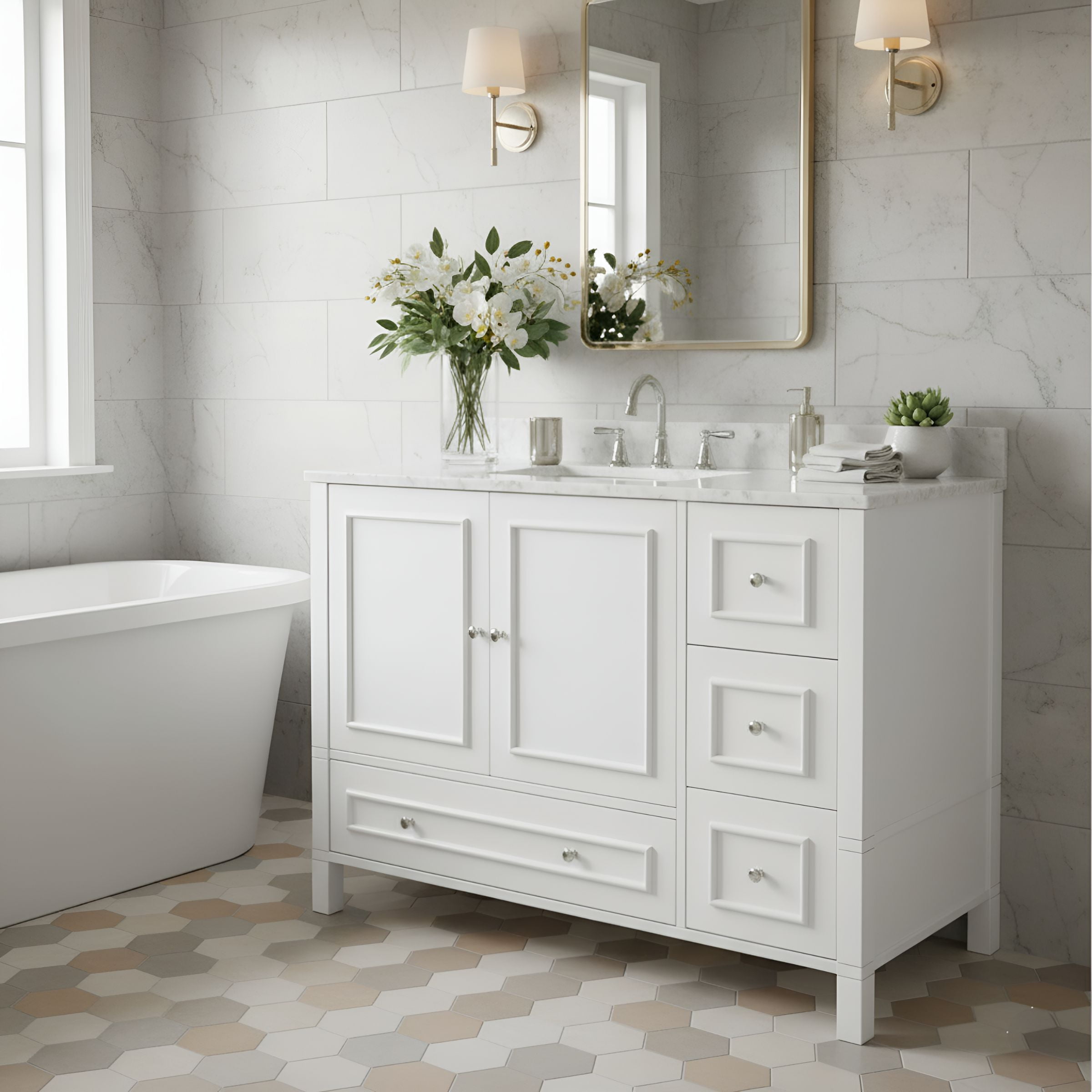 Alaterre Furniture 48in Wood Bathroom Vanity with Soft-Close Doors, White