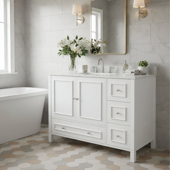 Alaterre Furniture 48in Wood Bathroom Vanity with Soft-Close Doors, White