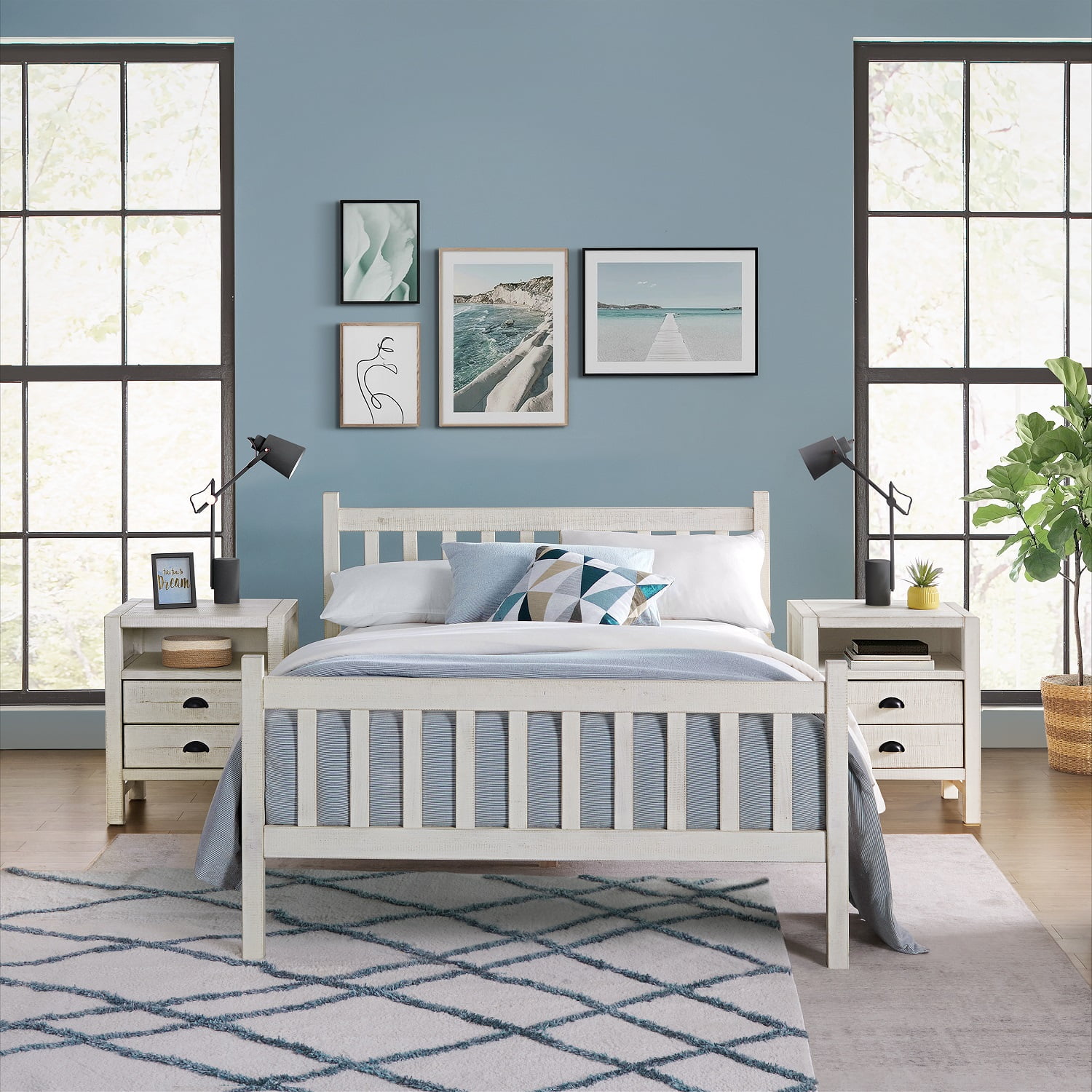 Alaterre Furniture Windsor 3-Piece Bedroom Set with Slat Full Bed and 2 Nightstands, Driftwood White