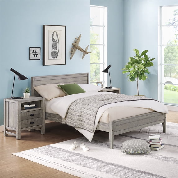Alaterre Furniture Windsor 3-Piece Set with Panel Full Bed and 2 Nightstands, Driftwood Gray
