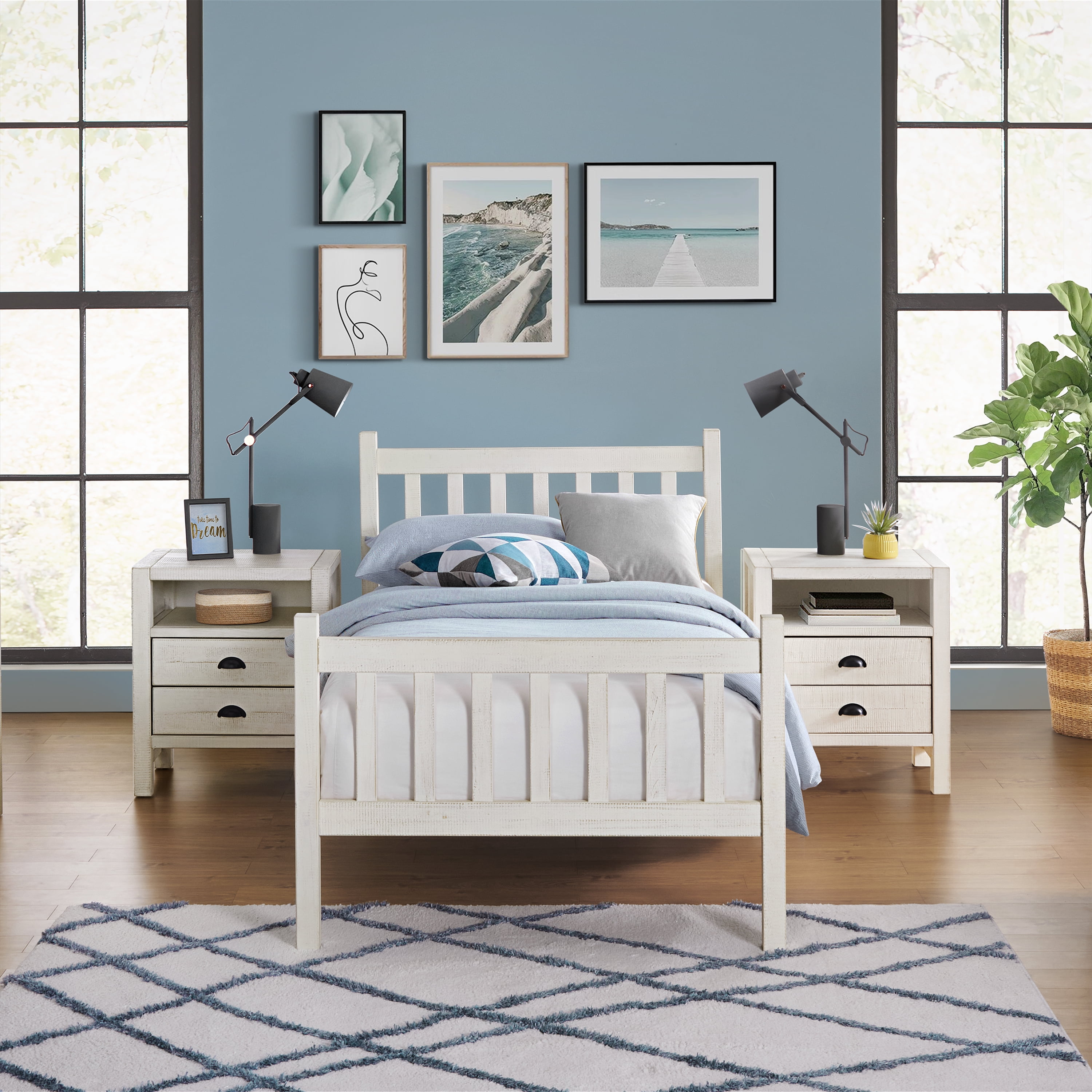 Windsor Beige Pine Wood Twin Bedroom Set with Nightstands