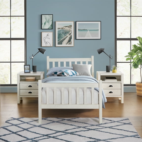 Alaterre Furniture Windsor 3-Piece Wood Bedroom Set with Slat Twin Bed and 2 Nightstands, Driftwood White