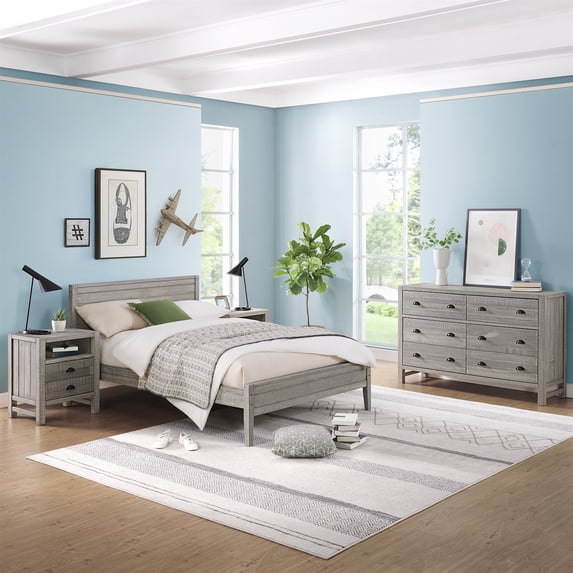 Alaterre Furniture Windsor 4-Piece Panel Full Bed, 2 Nightstands and 6-Drawer Dresser, Driftwood Gray
