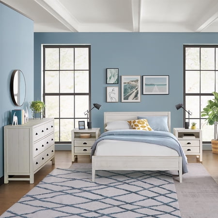 Alaterre Furniture Windsor 4-Piece Panel Full Bed, 2 Nightstands and 6-Drawer Dresser, Driftwood White