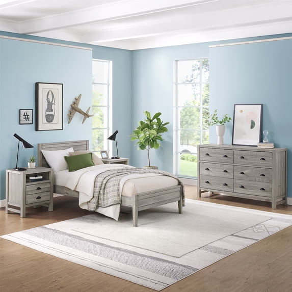 Alaterre Furniture Windsor 4-Piece Panel Twin Bed, 2 Nightstands and 6-Drawer Dresser, Driftwood Gray
