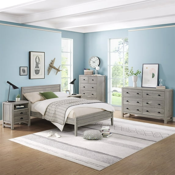 Alaterre Furniture Windsor 5-Piece Bedroom Set with Panel Full Bed, 2 Nightstands, 5-Drawer Chest and 6-Drawer Dresser, Driftwood Gray
