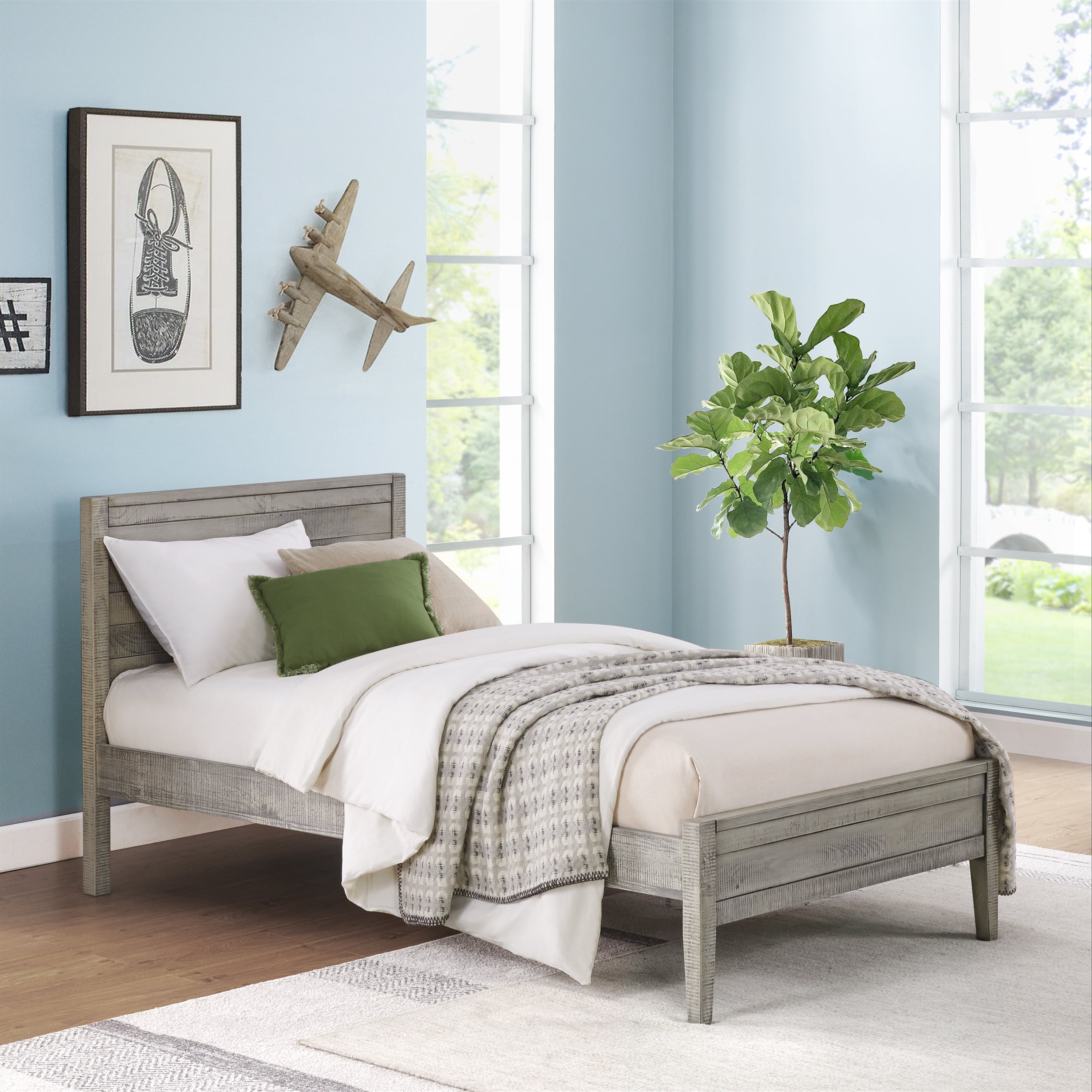 Windsor Driftwood Gray Twin Wood Bed with Headboard and Slats