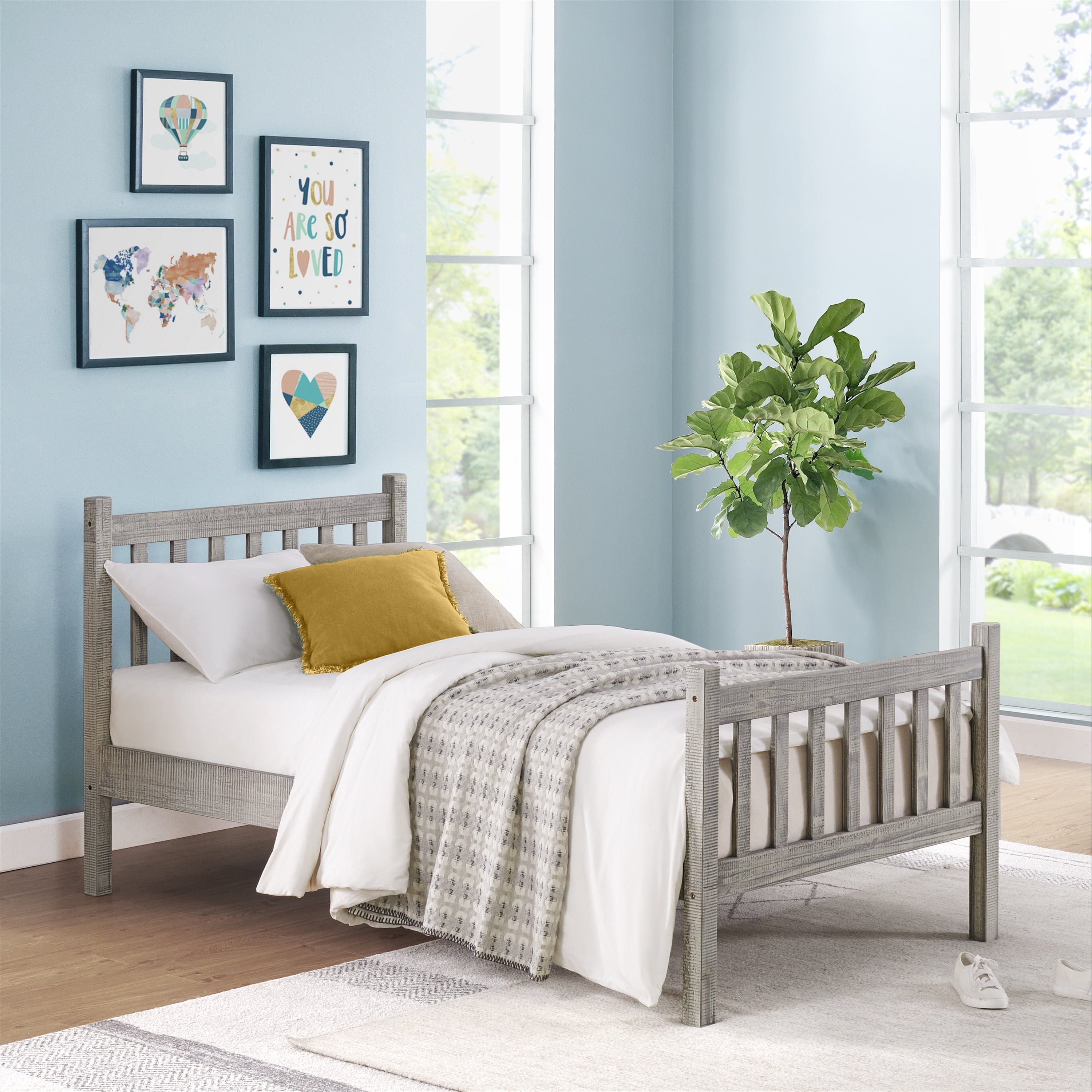 Windsor Driftwood Gray Twin Pine Wood Bed with Slats and Headboard