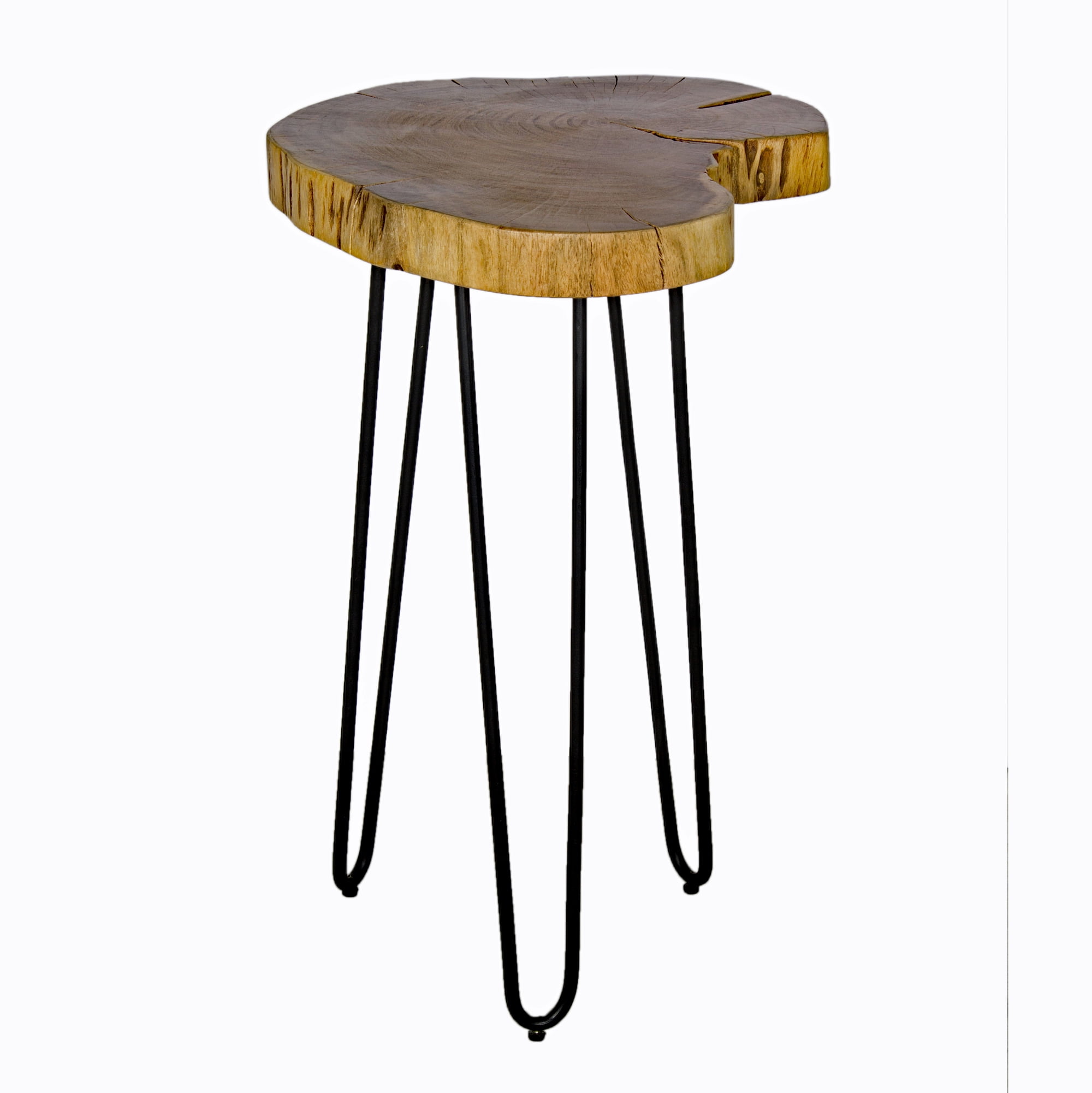 Natural Live Edge Acacia Wood Round End Table with Black Metal Hairpin Legs