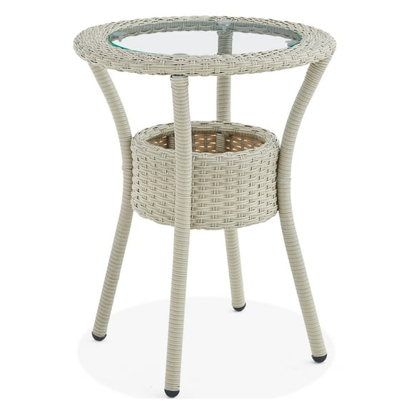 Alaterre Haven Outdoor Modern Round Wicker Accent Table with Storage, Beige