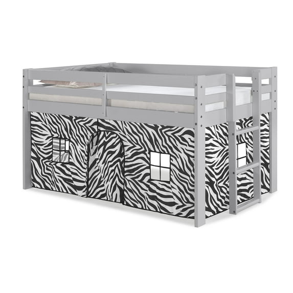 Alaterre Jasper Twin Junior Loft Bed, Dove Gray Frame and Black/White Bottom Playhouse Tent