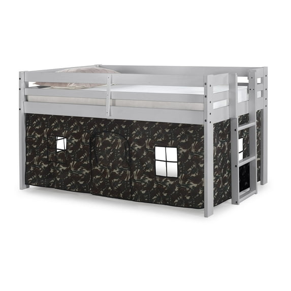 Alaterre Jasper Twin Junior Loft Bed, Dove Gray Frame and Green Camouflage Bottom Playhouse Tent