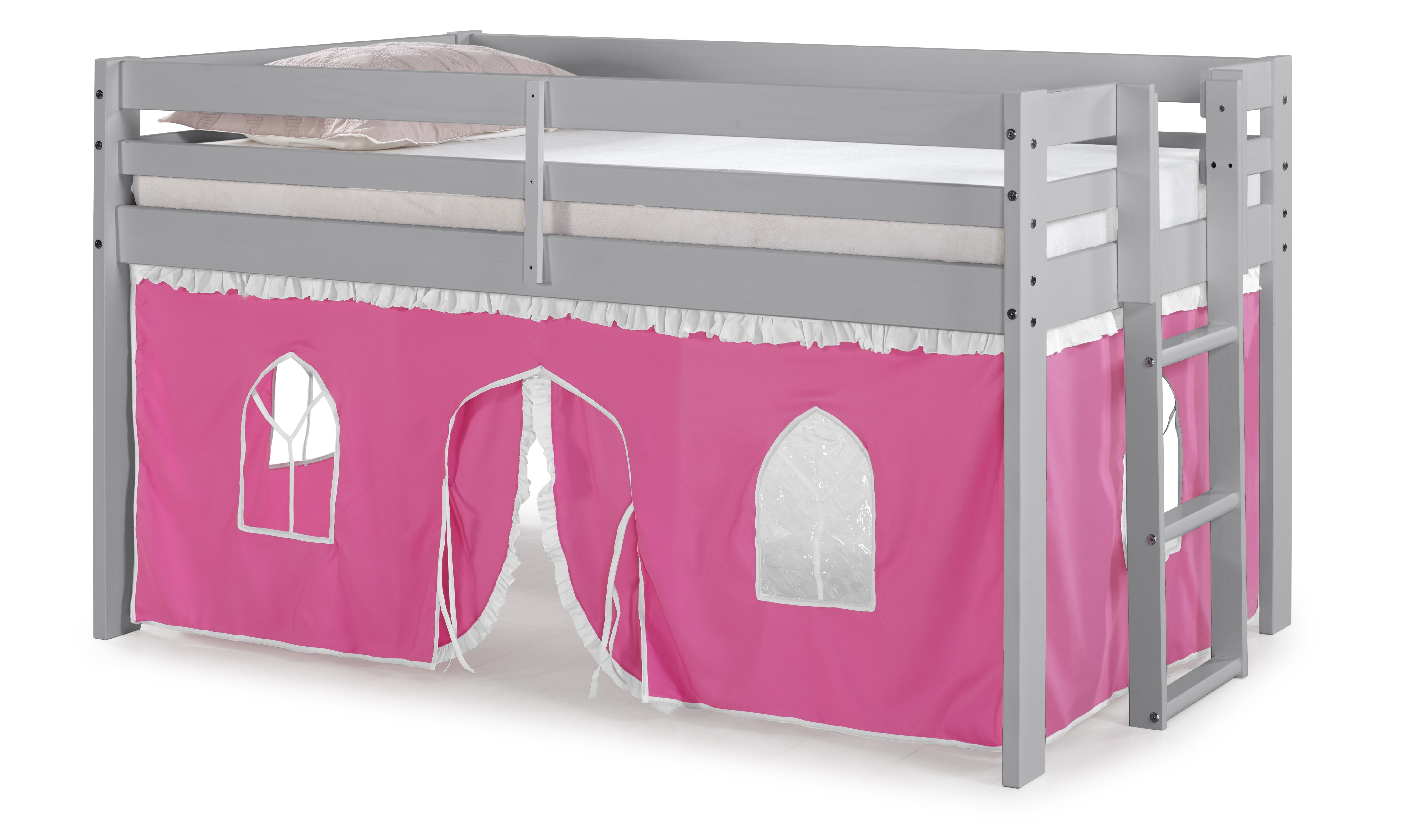 Alaterre Furniture Jasper Twin Junior Loft Bed, Dove Gray Frame and Pink/White Bottom Playhouse Tent