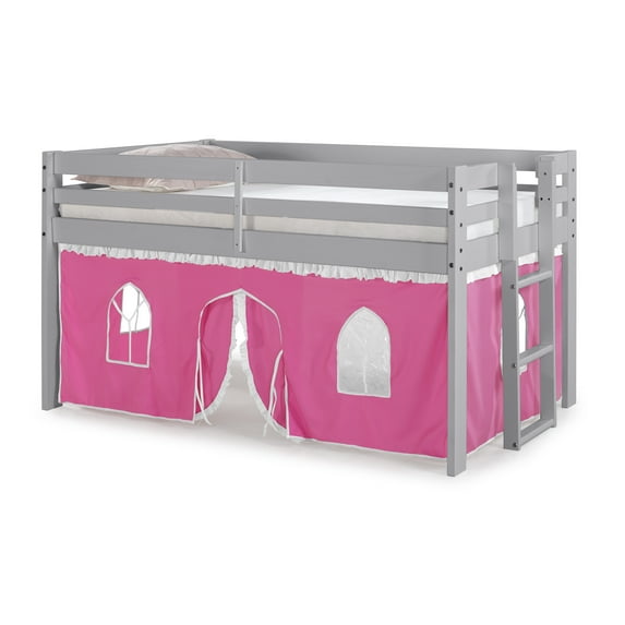 Alaterre Furniture Jasper Twin Junior Loft Bed, Dove Gray Frame and Pink/White Bottom Playhouse Tent