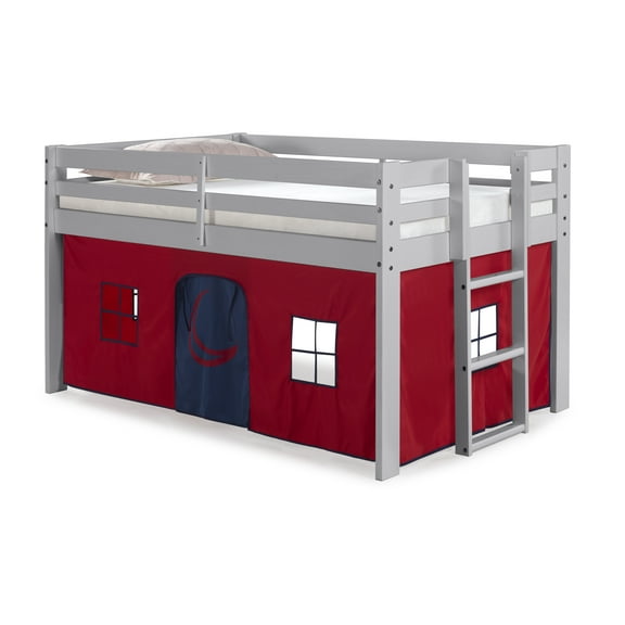 Alaterre Jasper Twin Junior Loft Bed, Dove Gray Frame and Red/Blue Bottom Playhouse Tent