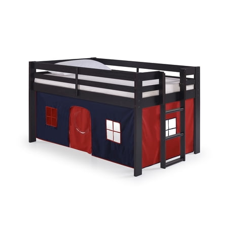 Alaterre Furniture Jasper Twin Junior Loft Bed, Espresso Frame and Blue/Red Playhouse Tent