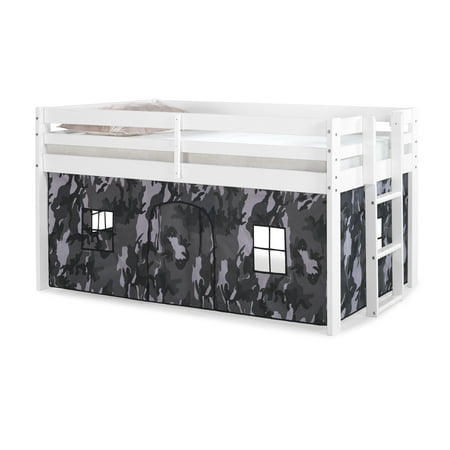 Alaterre Jasper Twin Junior Loft Bed, White Frame and Gray Camouflage Print Bottom Playhouse Tent