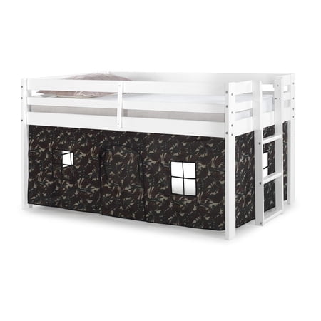 Alaterre Jasper Twin Junior Loft Bed, White Frame and Green Camouflage Print Bottom Playhouse Tent
