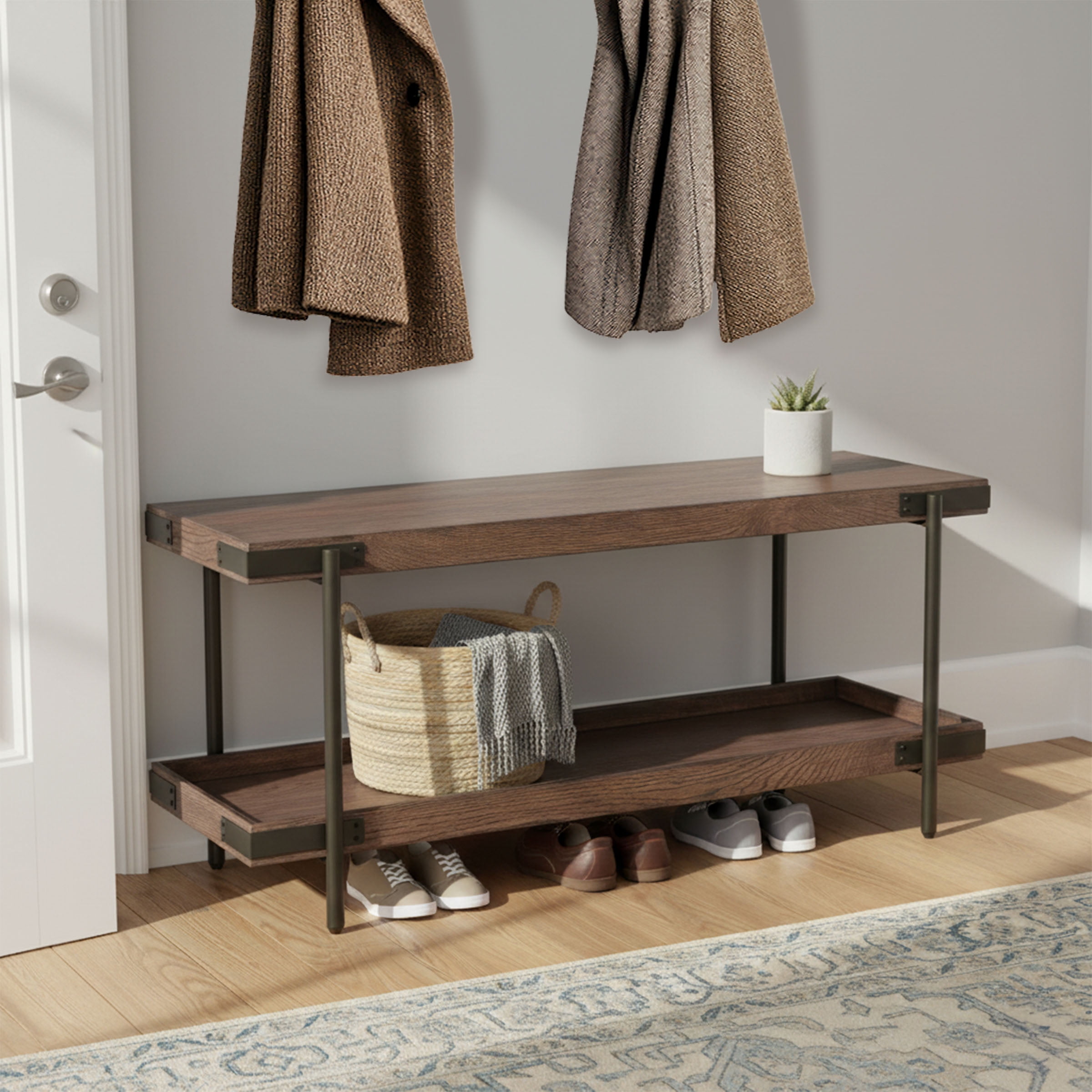 Kyra 42 in. L Oak and Metal Entryway Bench with Lower Shelf Kyra 42 in. L Oak and Metal Entryway Bench with Lower Shelf