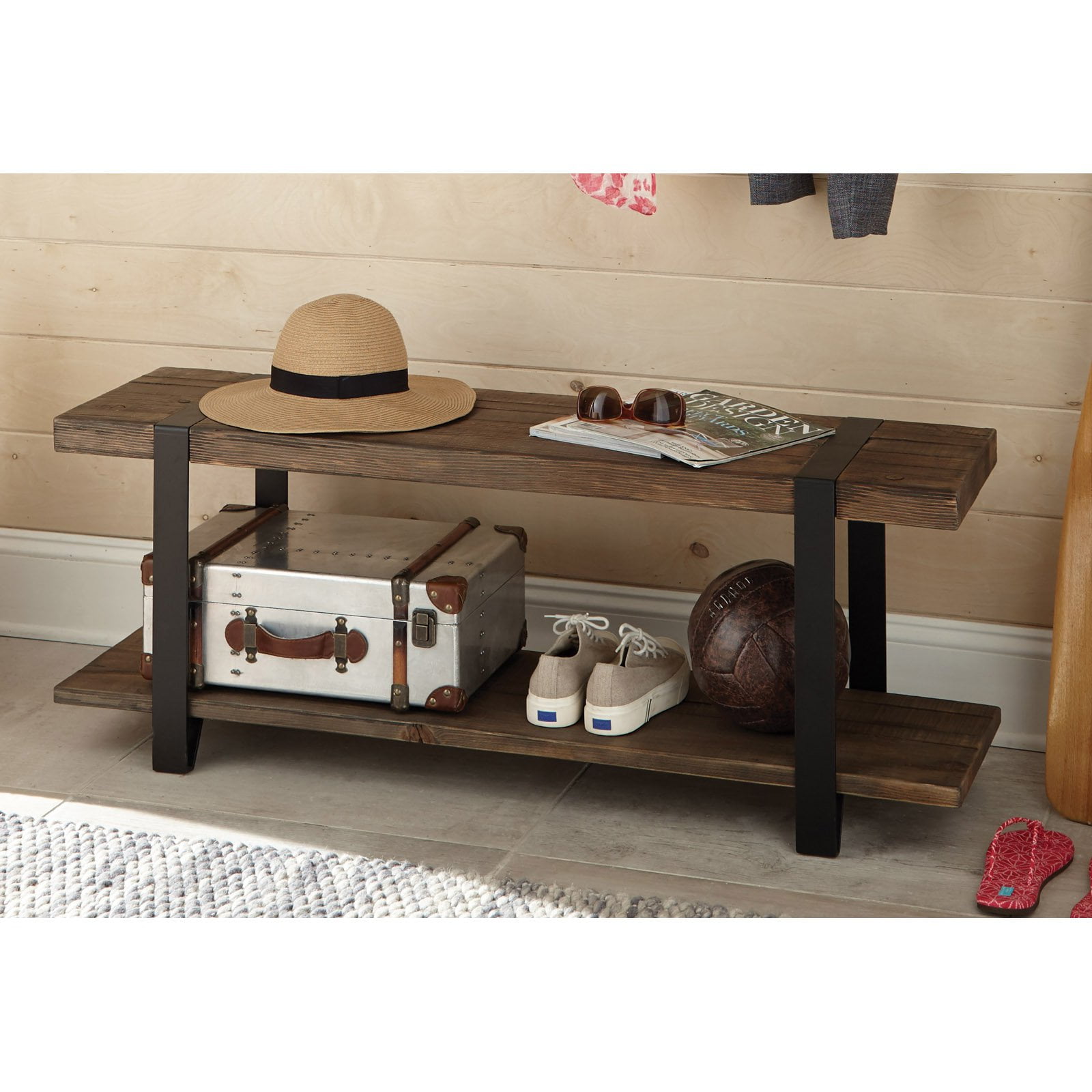 Modesto Medium Wood Industrial Hall Tree Bench with Storage