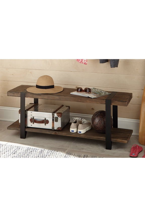 Modesto 48" Solid Wood Entryway Bench with Storage Shelf, Rustic Natural Finish with Black Metal Legs and Strap Accent, Farmhouse Accent Bench for Entryway or Dining