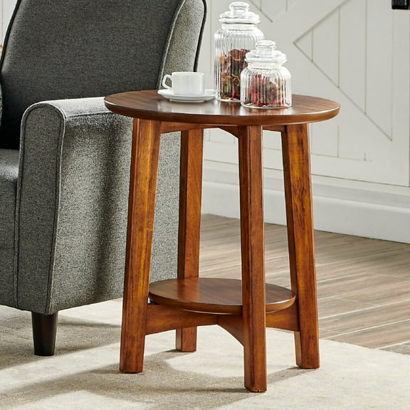 Monterey 20 in. Round Mid-Century Modern Wood End Table with Floating Shelf, Accent Furniture, Warm Chestnut Finish for Living Room