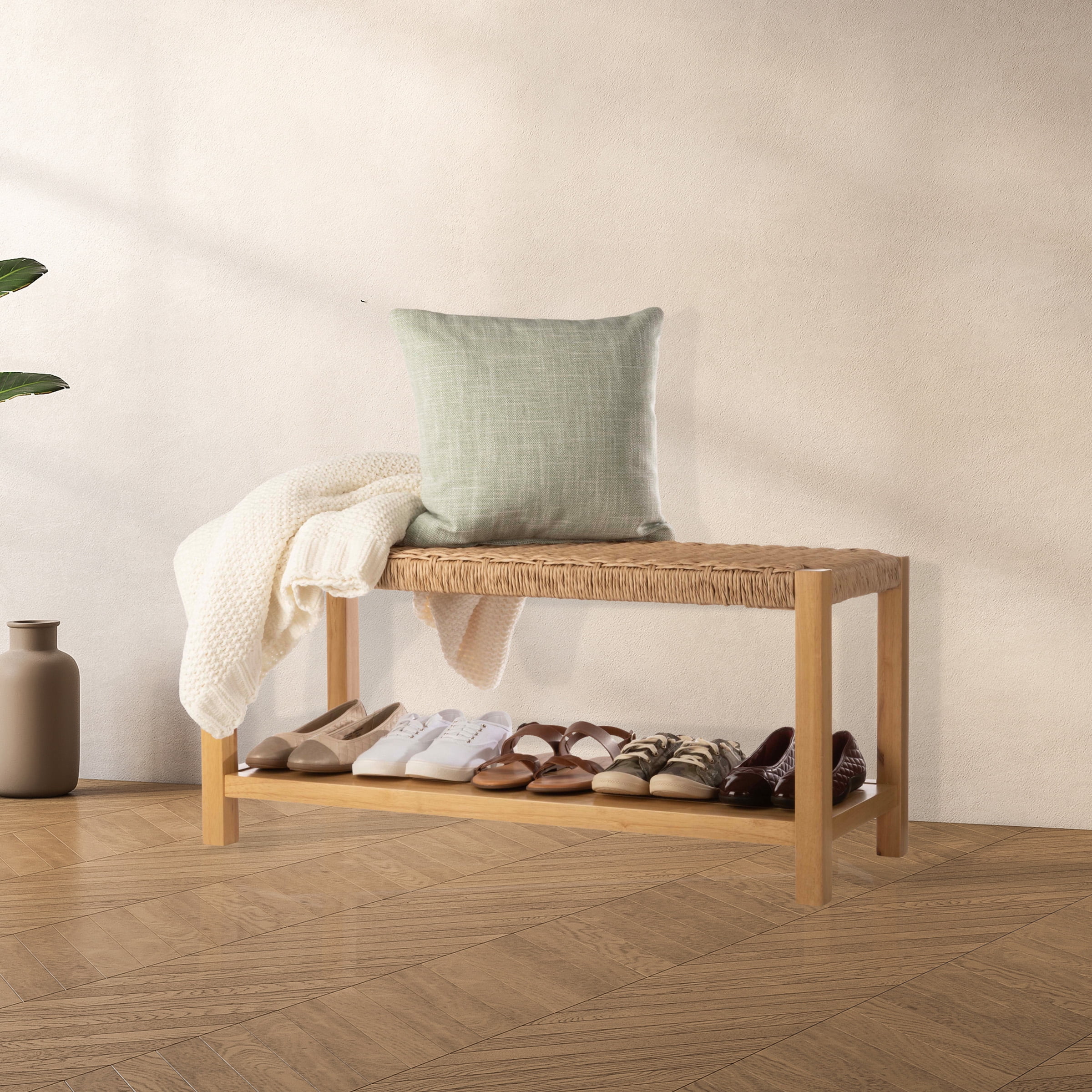 Alaterre Furniture Newport 40 in. Wood Bench with Rush Seat and Storage Shelf for Entryway or Bedroom, Natural