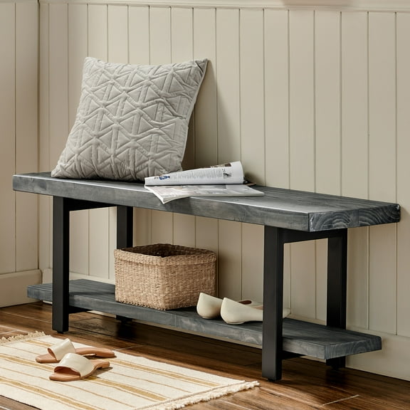 Pomona 2 Tier Entryway Bench with Storage Shelf – Solid Pine Wood Seat with Black Metal Frame – Rustic Industrial Shoe Bench for Hallway, Dining, or Living Room by Alaterre Furniture (Slate Gray)
