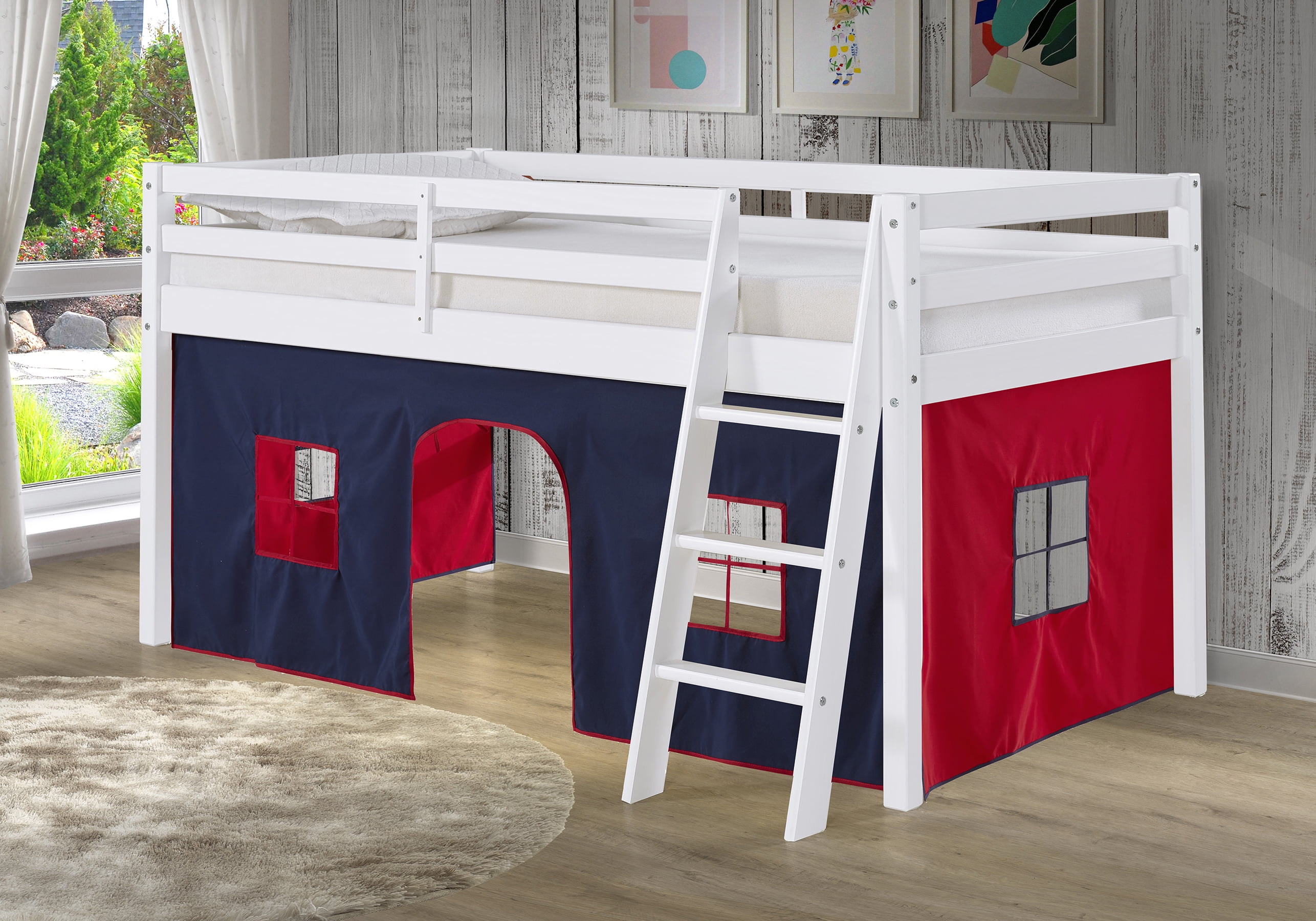 White Twin Pine Wood Loft Bed with Blue and Red Tent